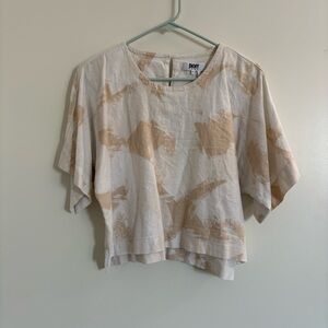 DKNY Pure Women’s Size XL Linen Blend Cream Cropped Top Patchwork Abstract